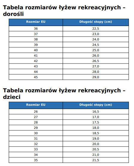 tabela rozmiarów łyżew dzieci i dorośli